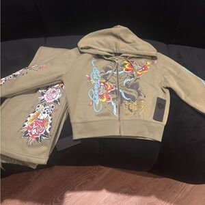 Ed Hardy Olive Green Embroidered Hoodie